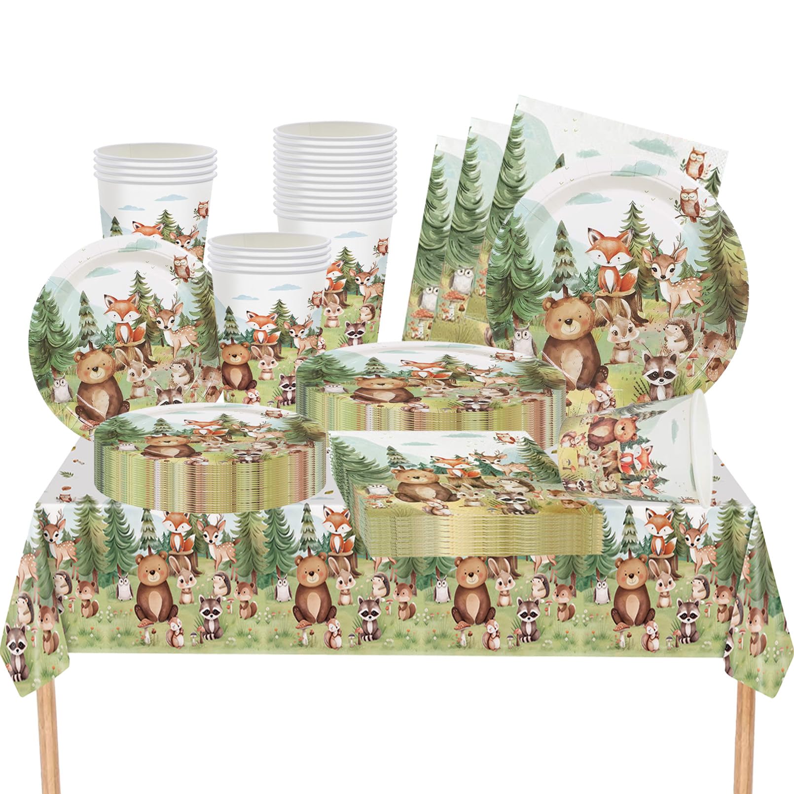 Woodland Theme Party Tableware - 81 piece, Forest Animal Birthday Tableware , Mountain Wilderness Party decoration supplies set, Includes paper cups, large & small plates, napkins and tablecloth