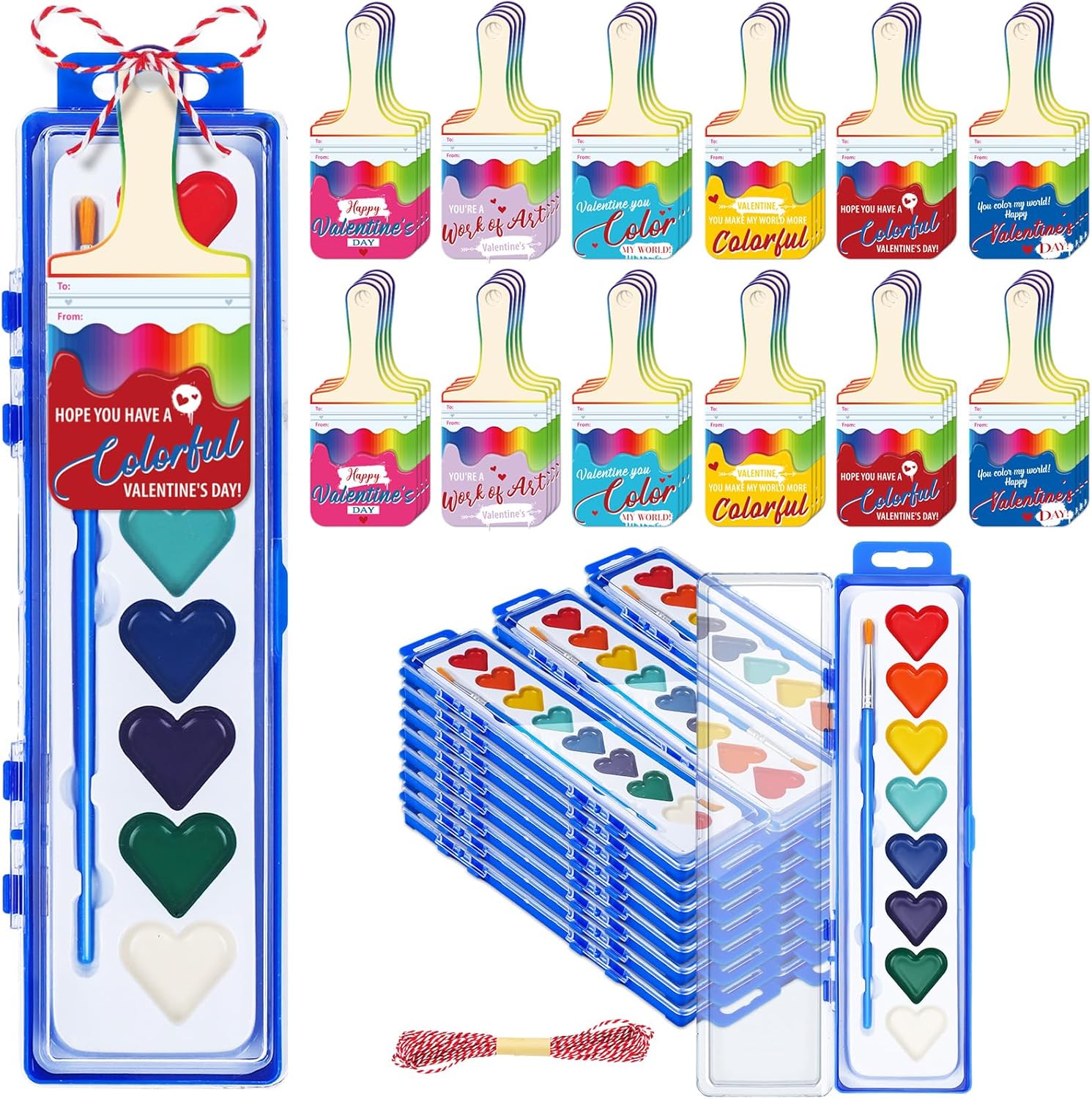 Patelai 48 Sets Valentine Watercolor Paint Set Valentines Cards with Watercolor Paint Bulk Cards Set for Party Exchange Gifts(8 Colors Style)