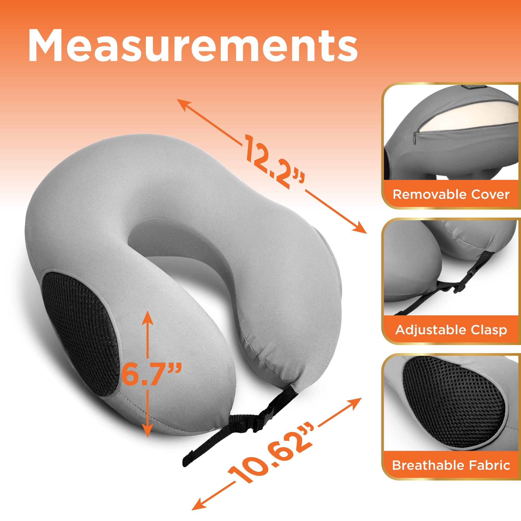 BLACK+DECKER Reise-Nackenkissen aus Memory-Schaum, Reisekissen für Flugzeug, Auto und Zug, Kühlstoff, Eisseide, ergonomisches Design, Nackenstütze, waschbarer Bezug, Grau