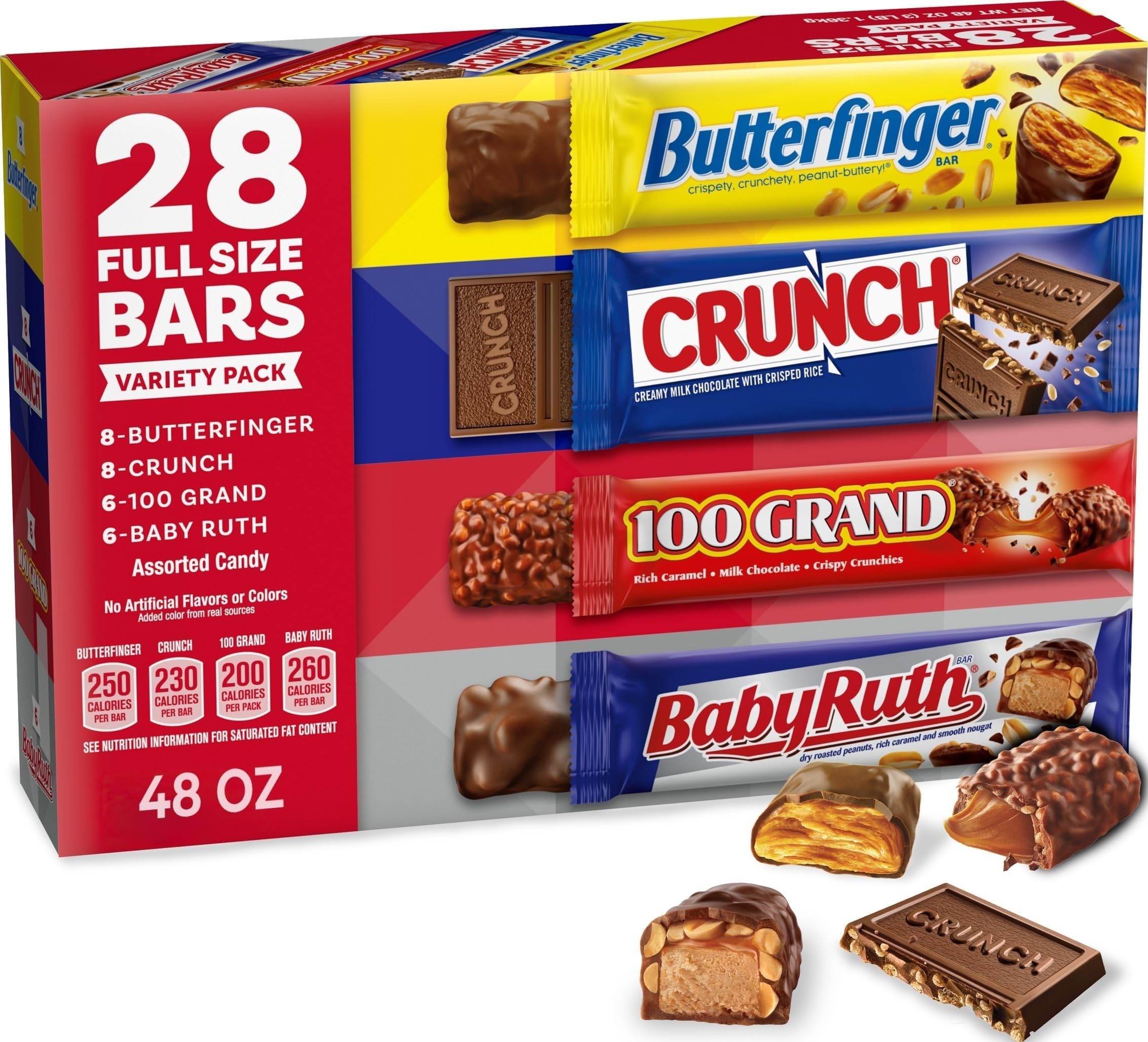 CRUNCH, Baby Ruth and 100 Grand, Bulk 28 Pack, Assorted Full Size Chocolate Candy Bars, 48 oz