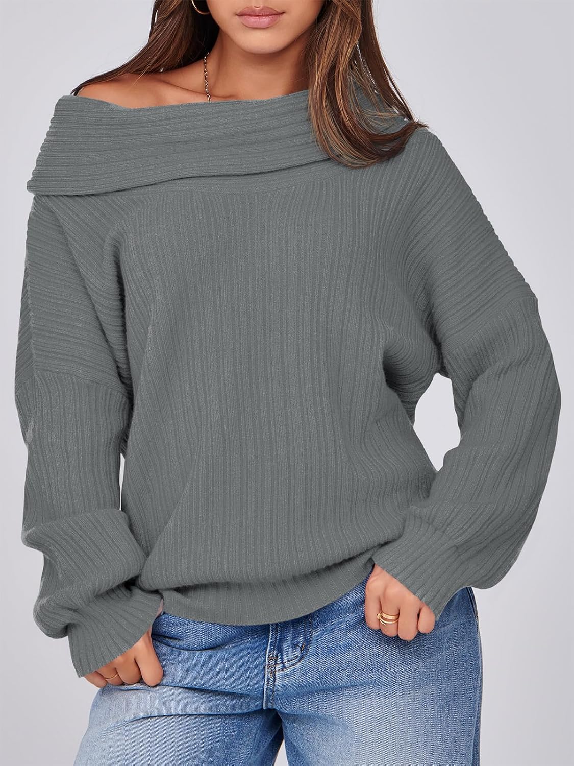 Saodimallsu Womens Off The Shoulder Sweater Top Oversized Fall Batwing Boat Neck Knit Sexy Casual Pullover - Image 2