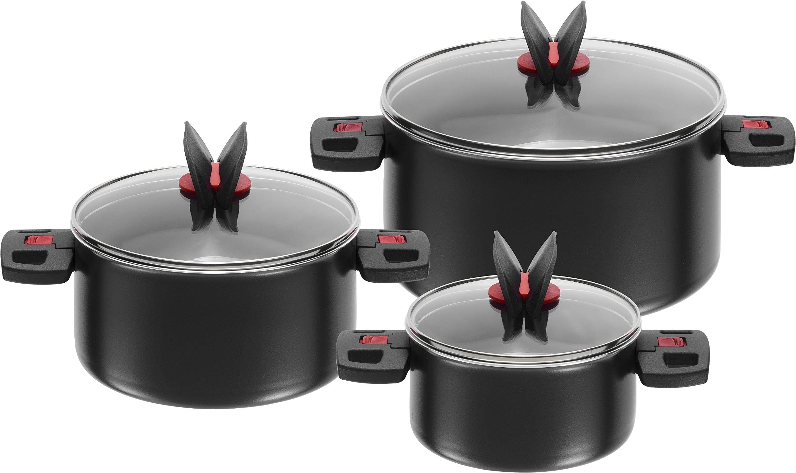 Pot Set, 3-Piece, incl. 3 glass lids, non-stick coating, aluminum / plastic handles, Click & Cook, Black