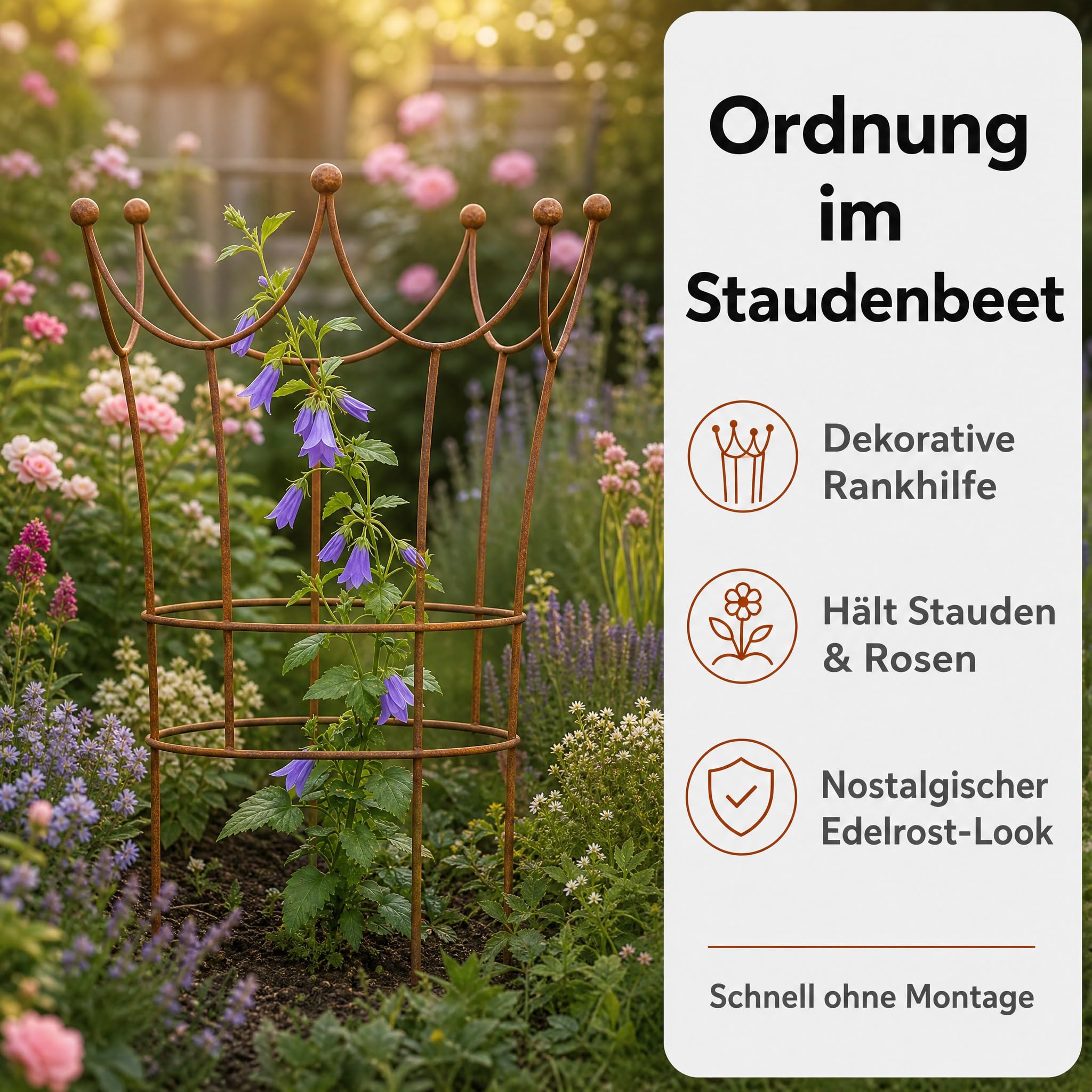 Pflanzenstütze in Edelrost, Staudenstütze Metall in Kronenform, Rankhilfe Garten & Rosenstütze, bepflanzbar, wetterfest, 60 × 50 cm, dekorative Gartendeko Vintage