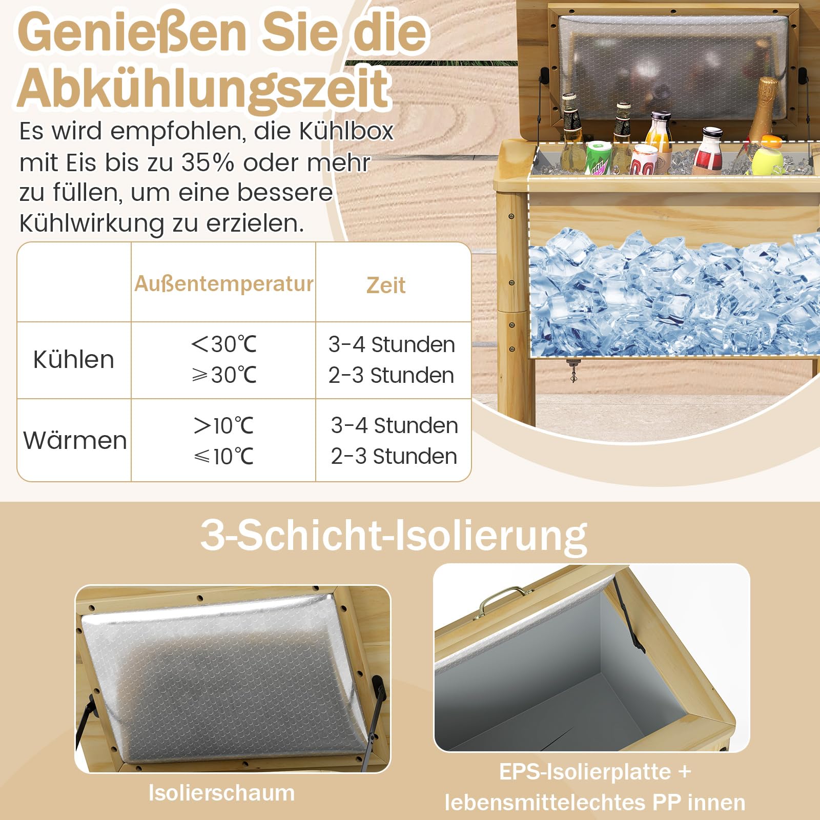 COSTWAY Getränkekühler Holz, 51 L Outdoor-Terrassenkühler mit 3 Griffen & Flaschenöffner, rustikale Eistruhe mit Abflussverschluss für Garten, Terrasse, Pool, Party, BBQ Cookouts, 67 x 47 x 74 cm