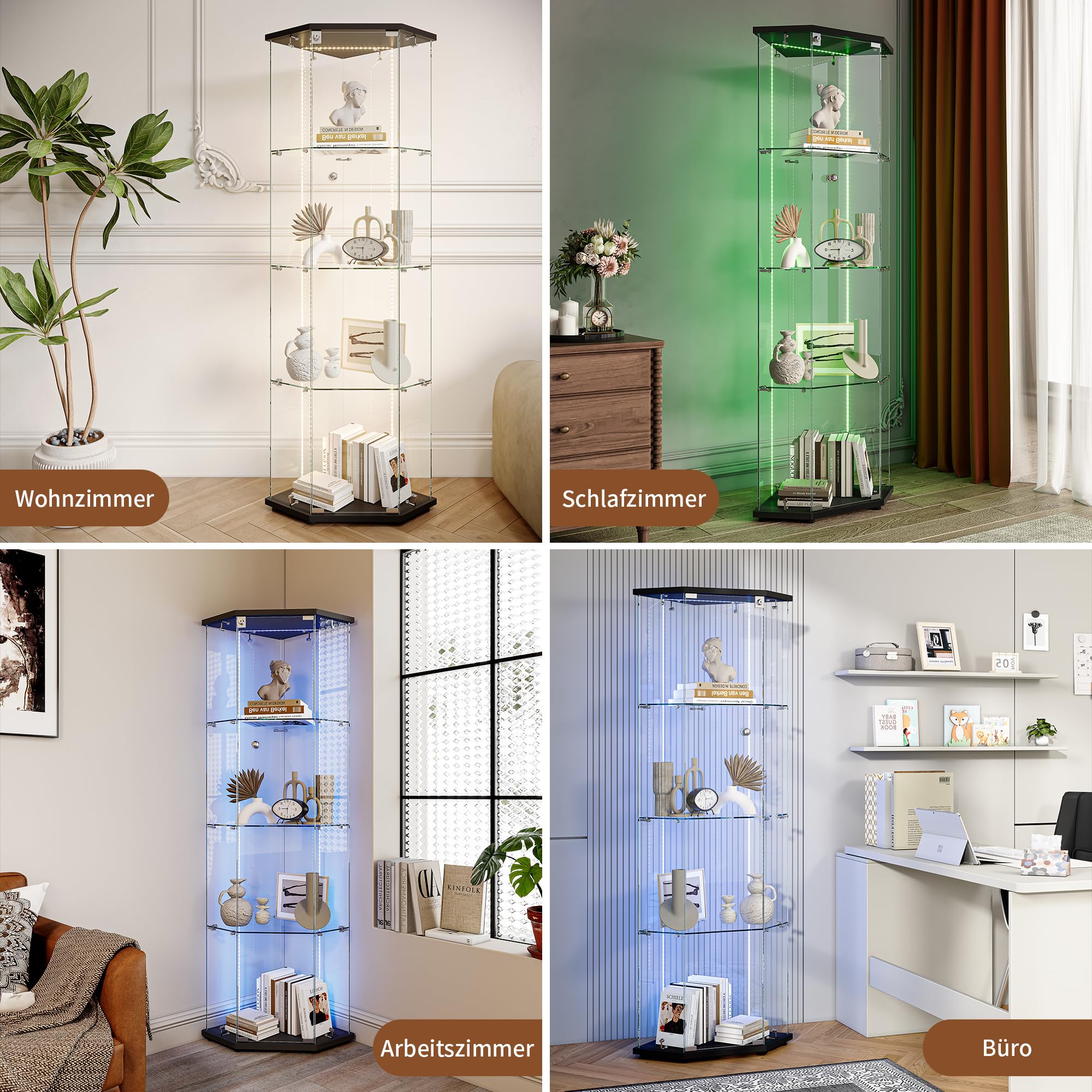 Vitrina de esquina con LED, vitrina de cristal de esquina, vitrina coleccionable con puerta, vitrina de cristal de 5 capas, resistente al polvo, para coleccionables, libros, vino, para salón