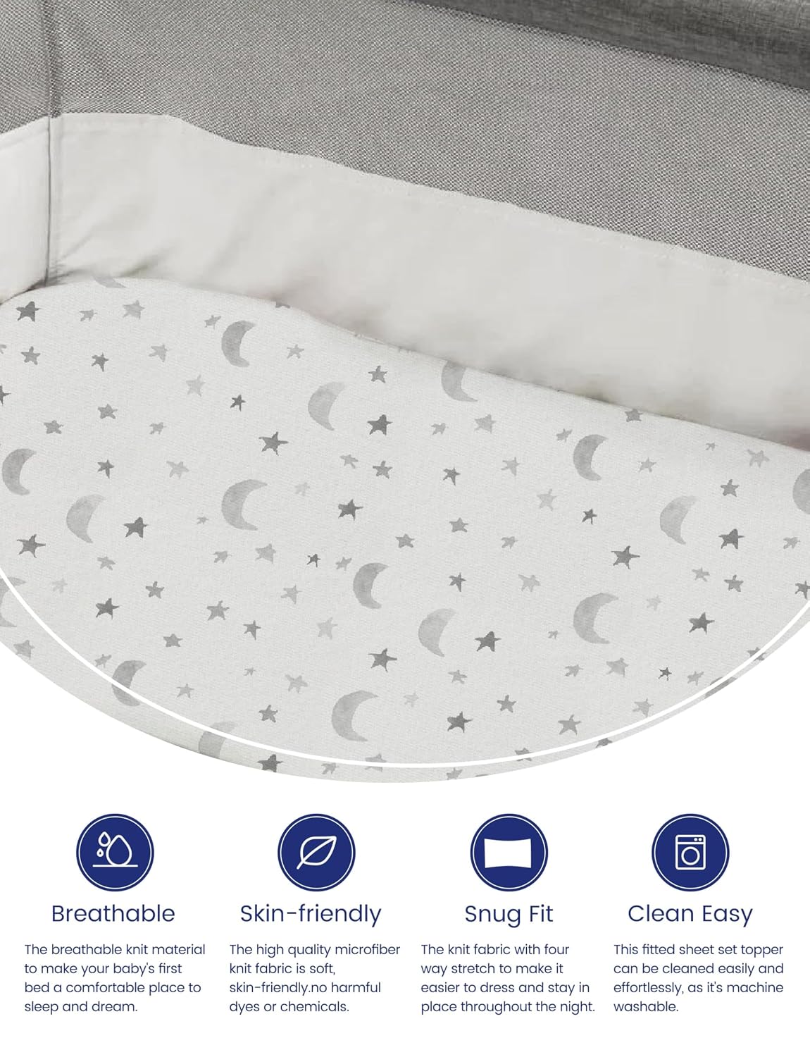 TotAha Premium Soft Pack n Play Sheets, Super Stretchy Jersey Knit Mini Crib Sheets Fitted, Silky Comfort Graco Pack and Play Mattress Sheets 2-Pack, Moon & Grey Sky