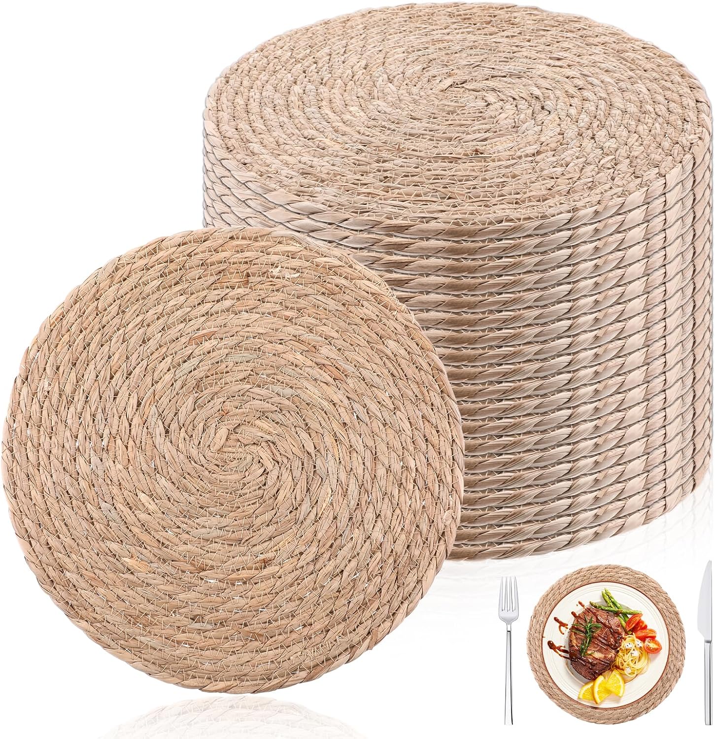 Round Woven Placemats Set of 20, 12" Brown Round Rattan Placemats Natural Water Hyacinth Place mats Farmhouse Boho Braided Placemat for Dining Table, Home, Wedding, Heat Resistant/Anti-Slip