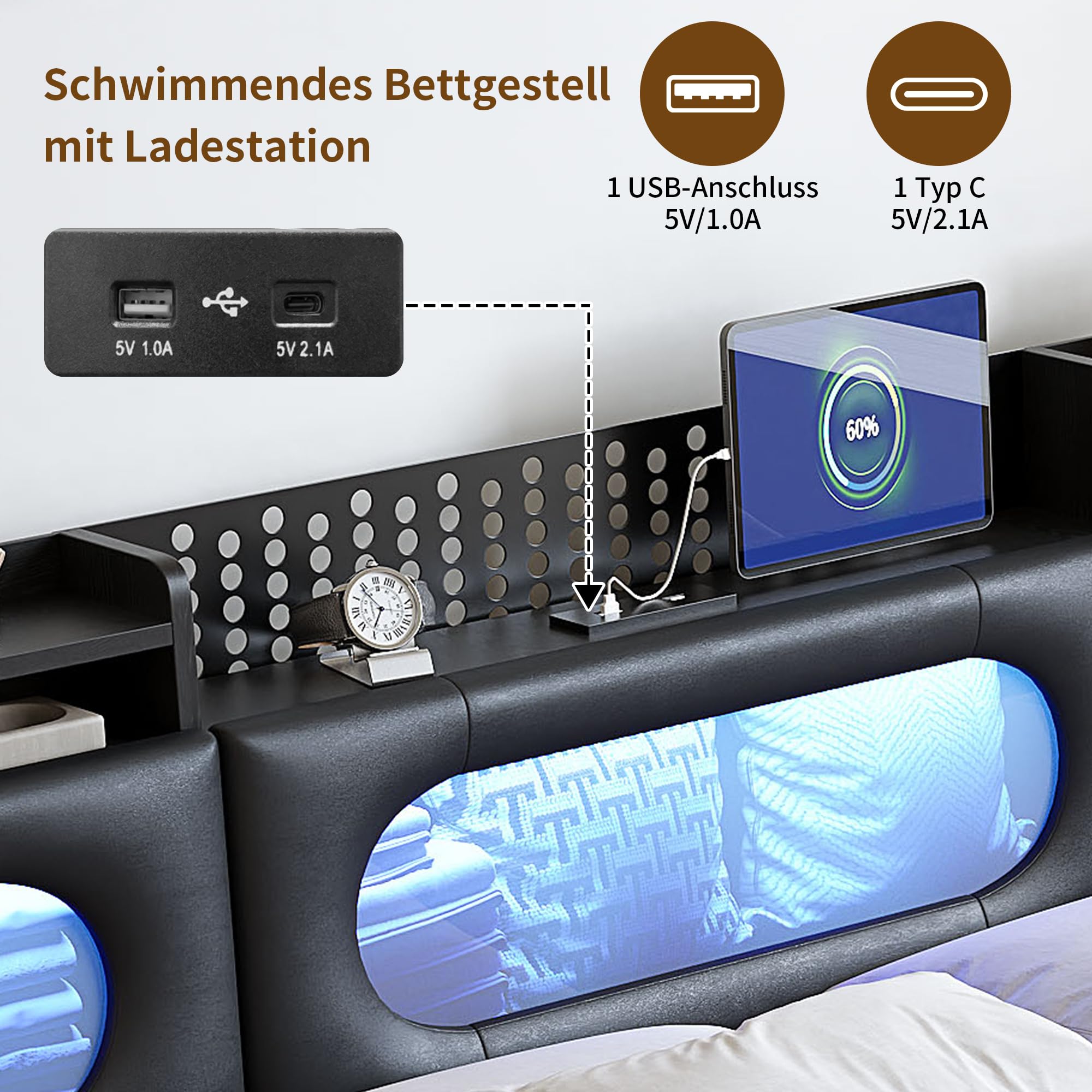 Łóżko tapicerowane, podwójne 160 x 200, łóżko podwójne z miejscem do przechowywania, zagłówkiem i hydraulicznym, zagłówek LED z USB typu C i schowkiem, łóżko młodzieżowe 160 x 200 cm, ze