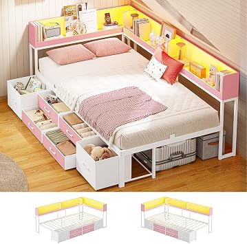 MSmask 14 Inch Corner Bed Frame with Bookcase Storage, Twin Daybed with 6 Drawers, Charging Station and LED Light, Twin Size Metal Platform Bed Frame for Kids Teenagers, Pink