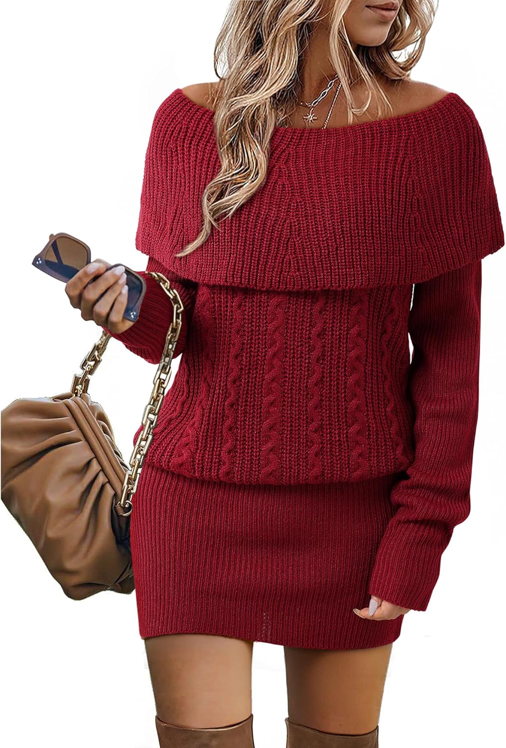 Bebonnie Women's Long Sleeve Cowl Neck Chunky Cable Knit Sexy Bodycon Mini Sweater Short Dress