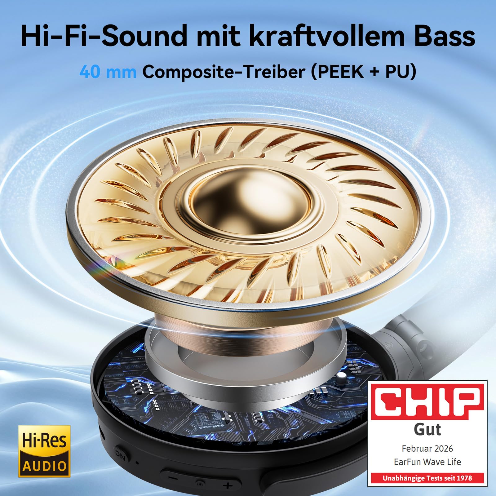 EarFun Wave Life Over Ear Noise Cancelling Bluetooth Kopfhörer Kabellos | Tiefer Bass, Hi-Res Klang, Hybrid ANC, 60 Std. Akku, 4 HD-Anrufmikrofone, Leicht, EQ in APP, Bluetooth Multipoint, EQ in App