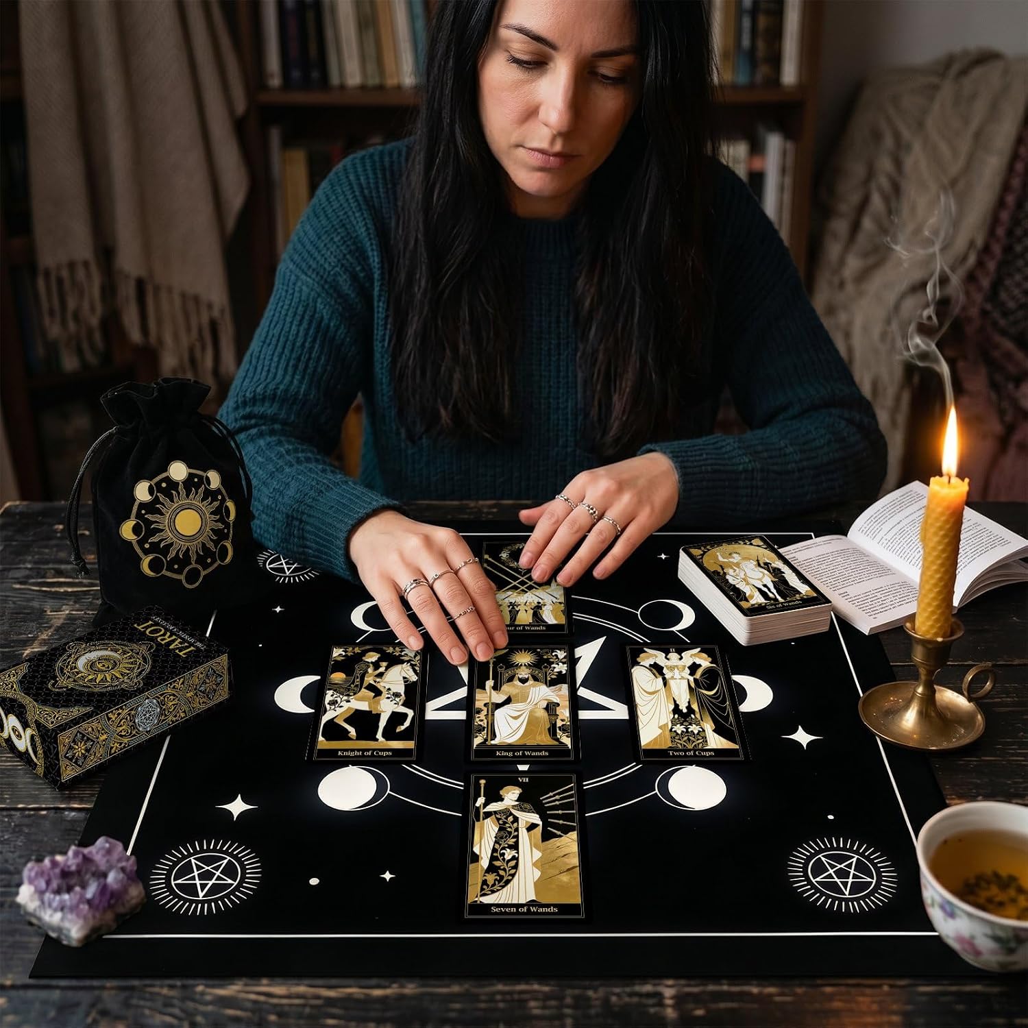 Pacify Black and Gold Tarot Cards for Beginners | 78 Classic Tarot Deck with Guidebook, Beginner Learning Tarot Card Set for Daily Reading, Self Spiritual Guidance
