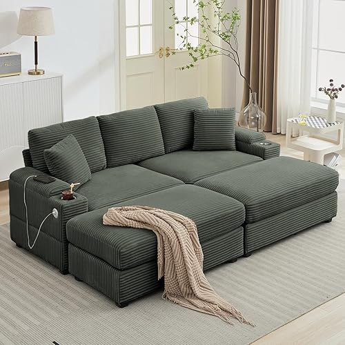 86.6" Sectional Sofa Couch with 2 Ottomans, Comfy Corduroy Upholstered Cloud Modular Convertible Couch with Cup Holders and USB, Armrest Storage, Deep Seat Oversized Loveseat for Living Room, Green