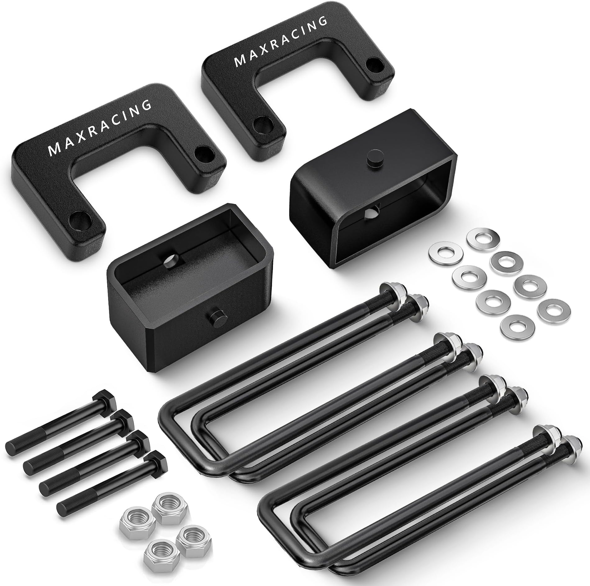 MAXRACING 2" Front + 2" Rear Leveling Kit Compatible with 2007-2026 Chevy Silverado 1500/GMC Sierra 1500, 2" Front Strut Spacer and 2" Rear Lift Block with Extended U Bolts