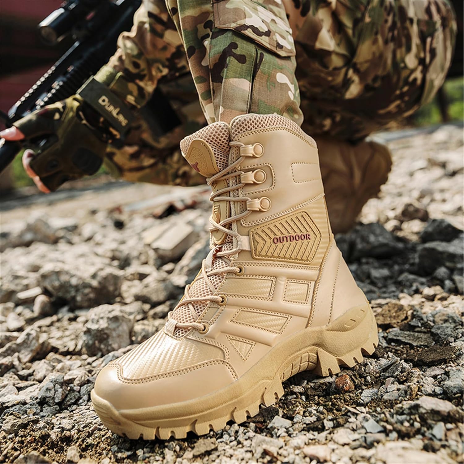 Men's Leather Mesh Lace Up Military Tactical Boots Lightweight Non Slip Sole Jungle Desert Hiking Motorcycle Boots for Mountaineering Trekking Backpacking Training Work Army Outdoor