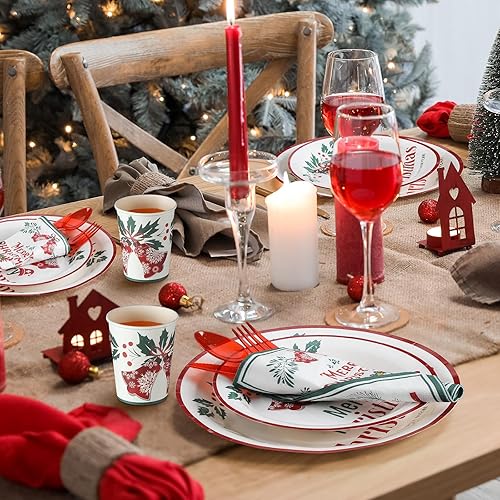 Miniatura 4 de Umigy Juego de 400 platos y servilletas de papel para fiesta de Navidad para 50 invitados, vajilla de Navidad, platos desechables, vasos,