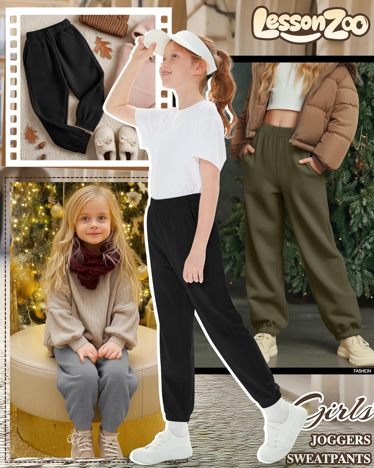 3 Pack Girls' Sweatpants Kids Elastic Waist Joggers Casual Athletic Pull on Teen Sweat Pants with Pockets - Image 2