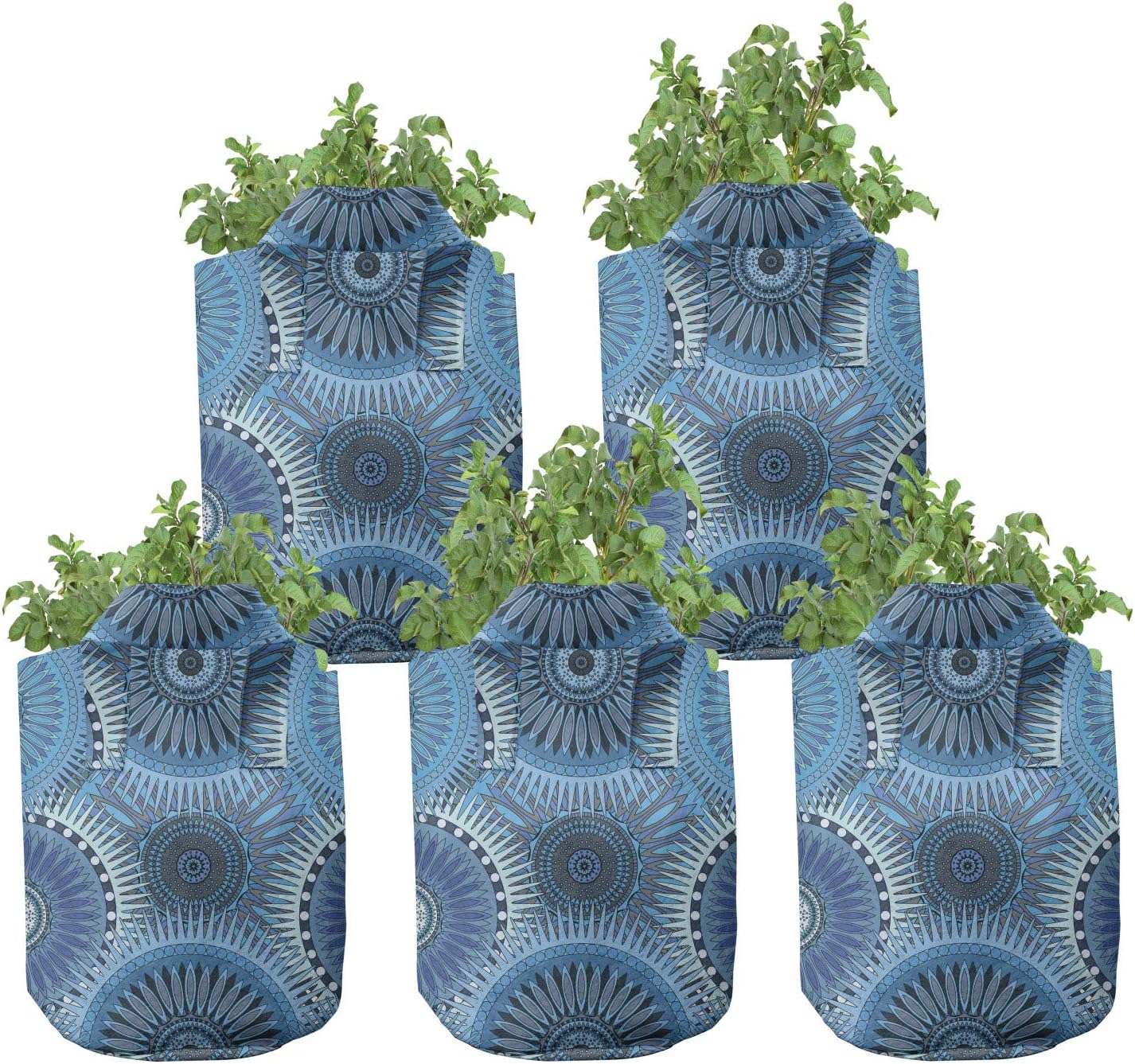 Ambesonne Blue Mandala Grow Bags 5-Pack, Vintage Blue Asian, Heavyduty Fabric Pots with Handles for Plants, 5 Gallon, Multicolor