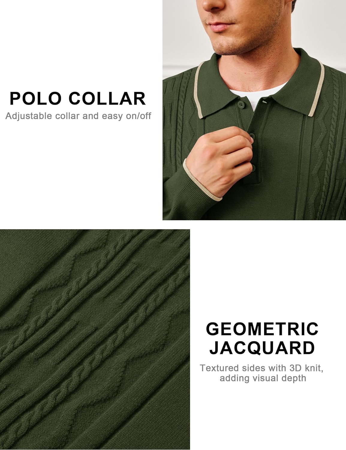Cotrasen Mens Knit Polo Sweater Long Sleeve Textured Casual Collared Button Sweater Ribbed Lightweight - Image 6