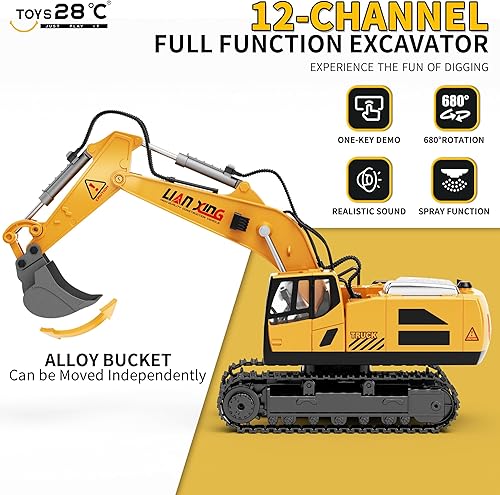 Miniatura 2 de 82.4 F Excavadora a control remoto, juguete de vehículos de construcción RC a escala 120, 12 canales, 2.4 GHz, camión eléctrico, caja de arena,