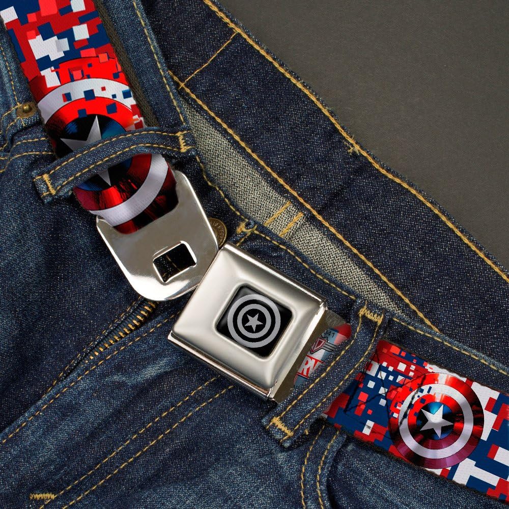 Buckle-Down Seatbelt Belt - Captain America Shield Digital Camo Blue/White/Red - 1.0" Wide - 20-36 Inches in Length : Clothing, Shoes & Jewelry