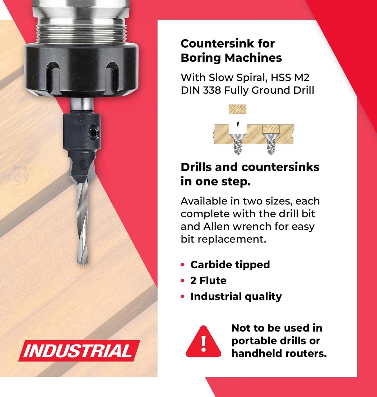 Amana Tool Carbide Tipped Countersink Drill Bit, Compatible with Boring Machines, 55642, 1/2 D x 45 Degree x 60mm Long x 10mm Shank