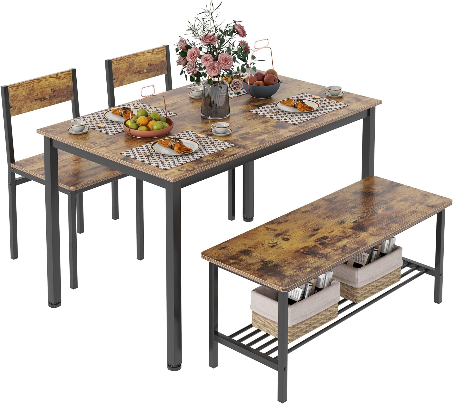Large Dining Table and Chairs Set 4 with Storage Rack, 130cm Kitchen Table and 2 Chairs with 1 Bench, Dining Room Sets Dining Table Set for Small Space, Rustic Brown