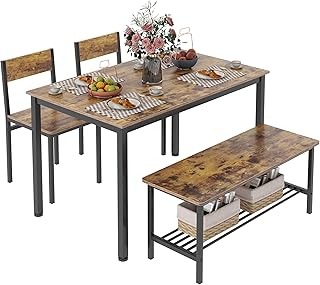 KU Syang Large Dining Table and Chairs Set 4 with Storage Rack, Kitchen Dining Table and 2 Chairs with 1 Bench, Dining Room Sets Dining Table Set for Small Space Home Garden, Rustic Brown