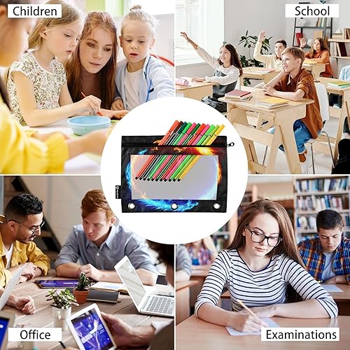 Miniatura 6 de Estuche para lápices con 3 agujeros para carpeta, con ventana transparente, anillo de dragones ardientes azules y rojos para carpeta, gran capacidad