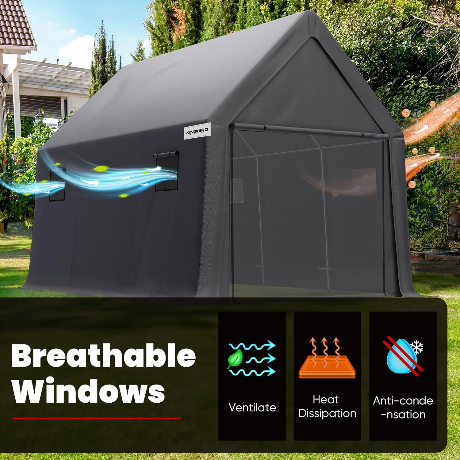 The carport with blue arrows indicating airflow through the breathable mesh windows.