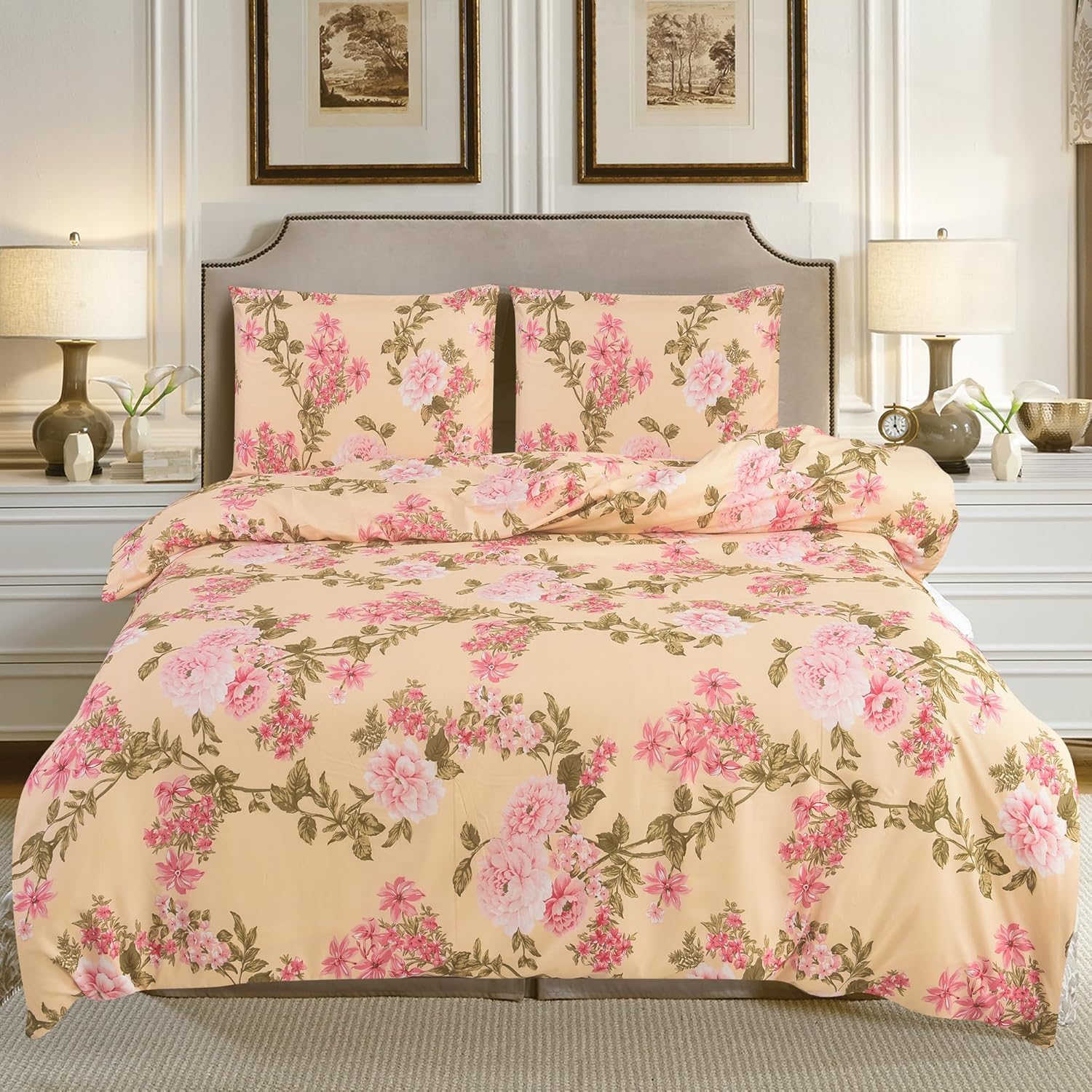 SAIMAZ 4 Piece Printed Bedding Set Duvet Cover, Deep Fitted Sheet & 2 Pillowcases Single, Double, King, Super King Sizes Soft Microfiber, Wrinkle-Resistant (King (U.K. Standard), Blossom Peach)