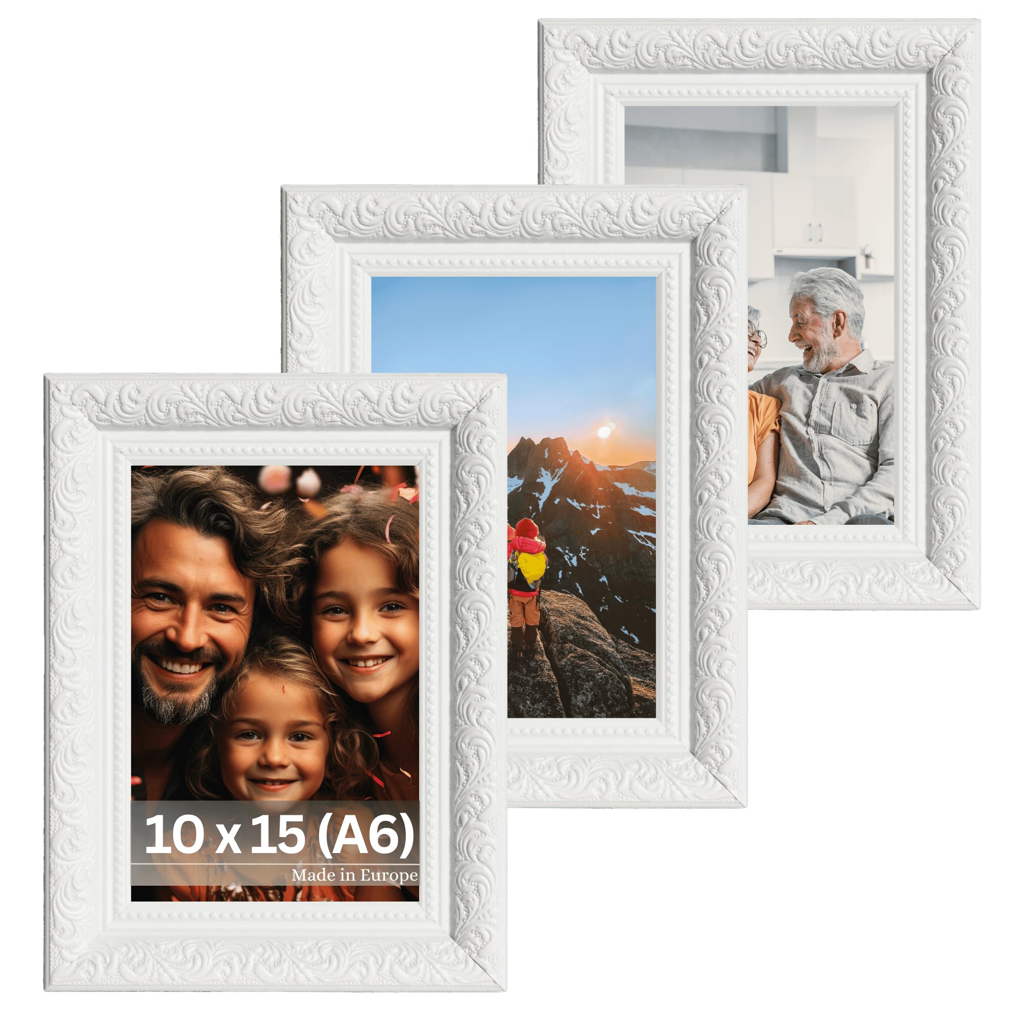 VictoR Vintage Bilderrahmen „Rubens“ 3er Set in 10x15 cm (A6) Weiß - Leiste: 30x20mm - Echtglas - Fotorahmen Barock - Antik - Bilderrahmen Set A6 Vintage