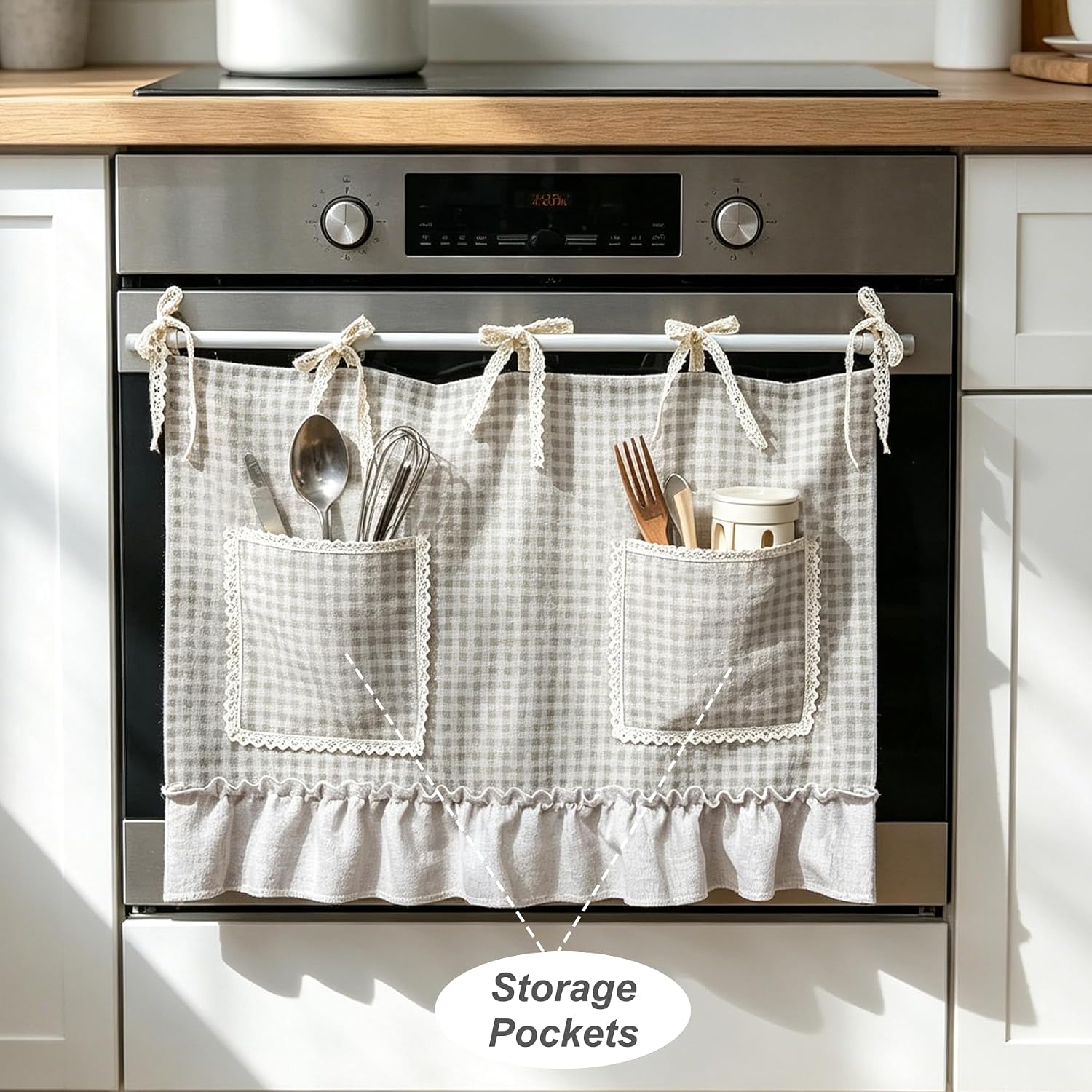 2PCS Kitchen Plaid Curtain Valance with Storage Pockets for Window | Cafe Buffalo Gingham Linen Dustproof Half Curtain for Oven Stove Apron Dishwasher Sink Cabinet (Light Brown,W27 L20 in)