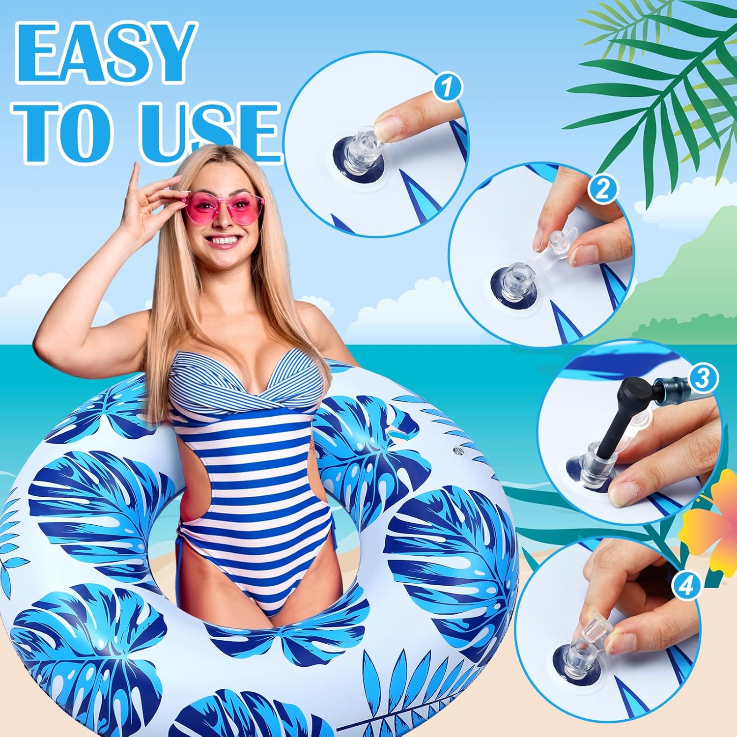 ShinyRelief 2 Pcs Large Adults Pool Tubes 42inch Inflatable Floats Tube Tropical Leaves Inflatable Pool Floats Rings Swimming Ring for Summer Hawaii Swimming (Purple,Dark Blue)