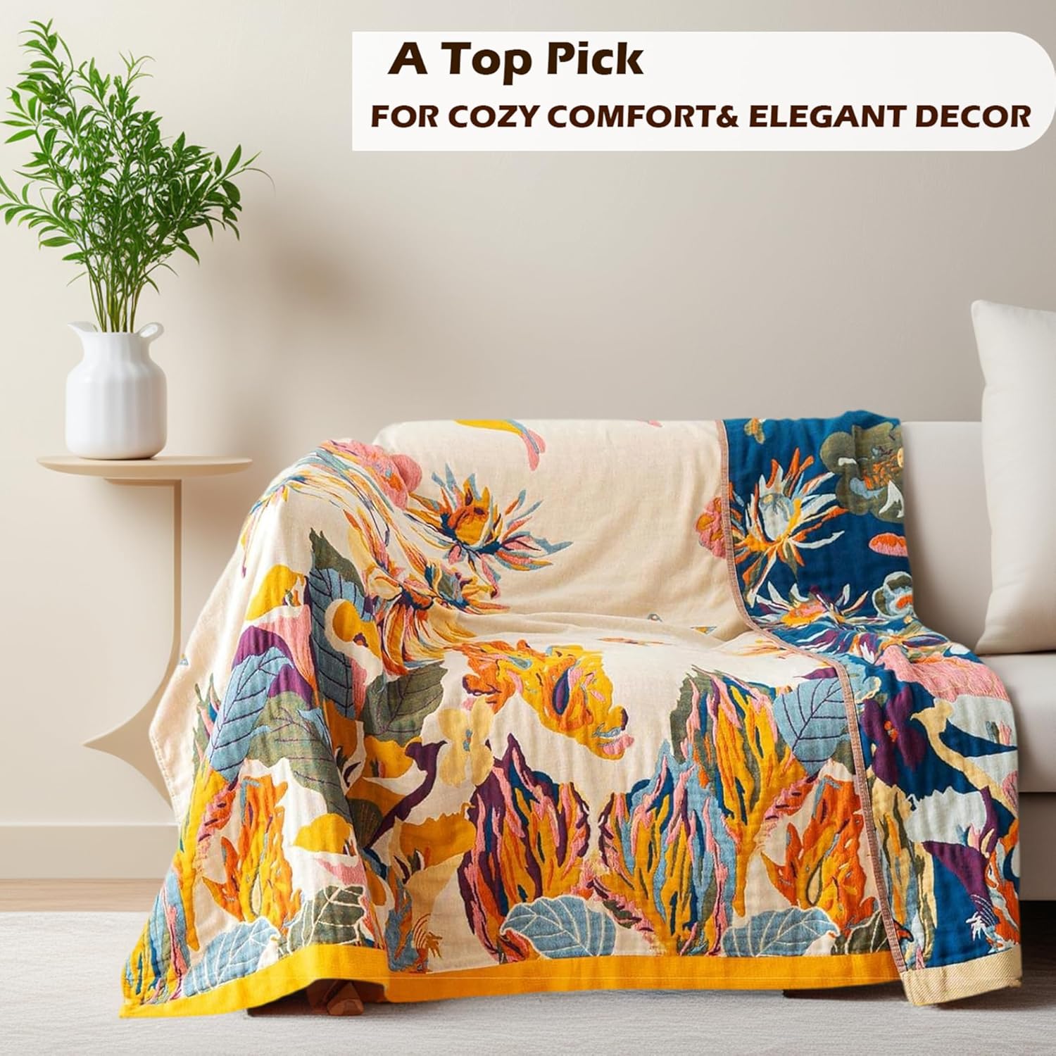 Boho Throw Blanket 60" x 80", 100% Organic Cotton Skin-Friendly Lightweight Ultra Soft Bed Quilt Throw - Spring Floral Butterfly Farmhouse Decor Blanket for Sofa Couch Chair and Gift. - Image 3