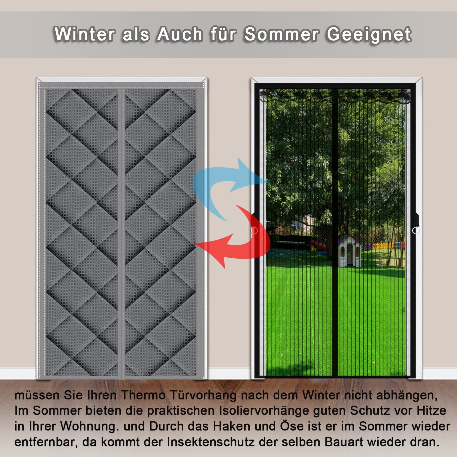 Wärmeschutzvorhang Magnet 85x180cm， Magnet Wärmeschutzvorhang für Türen Winddicht Und Warm, Schalldicht für Türen Kälteschutz Thermo, Grau
