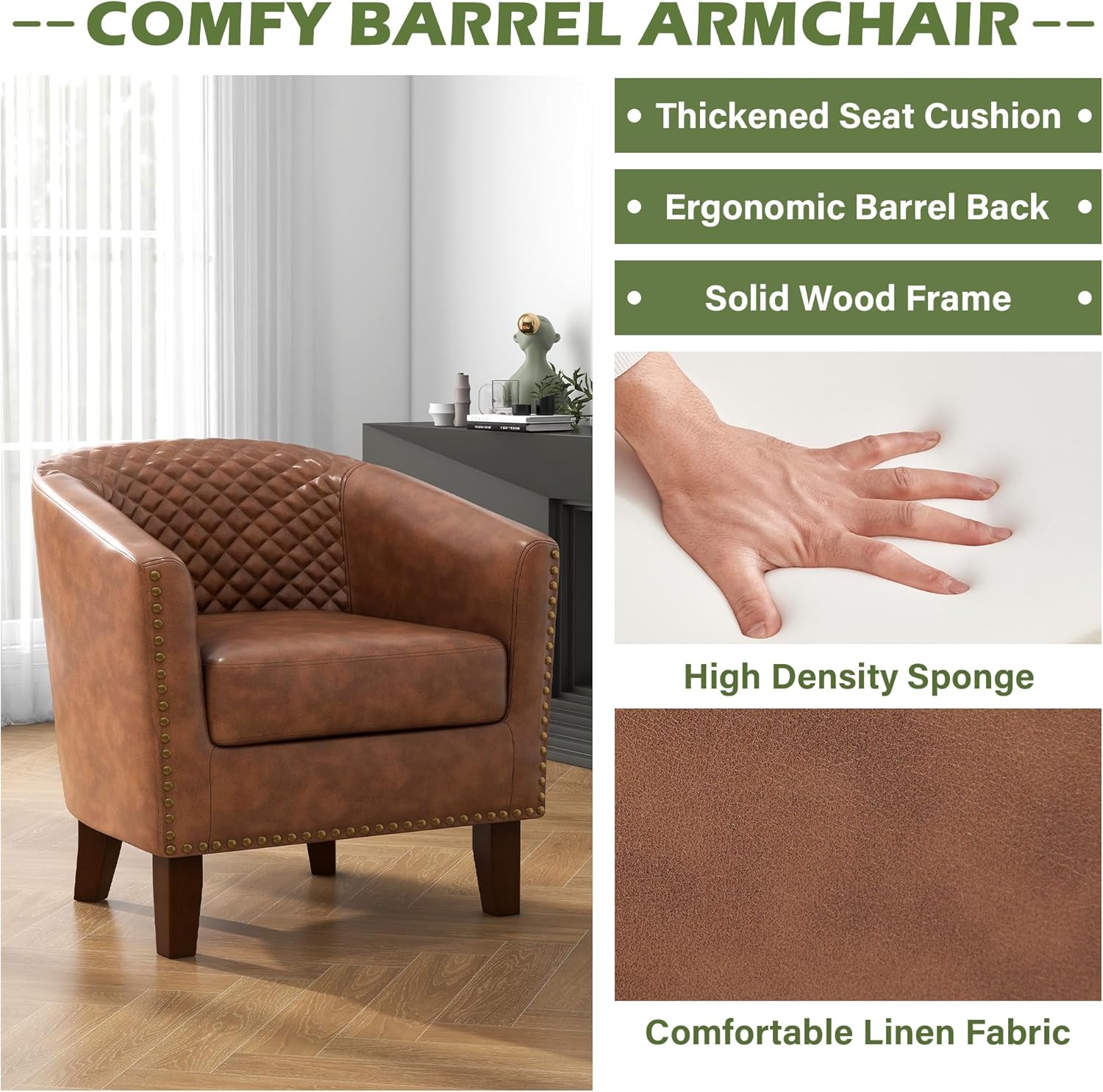 UIXE PU Leather Barrel Accent Chairs Set of 2, Modern Upholstered Armchair Round Club Chair for Living Room, Comfy Nailed Trim Arm Chair Bedroom Side Reading Seat - Brown
