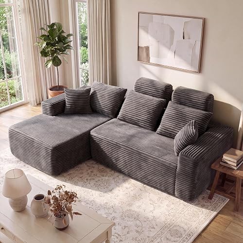 96" L-Shaped Boneless Couch, Sectional Sofa with 2 Removable Back Supports | One Box Shipping, No Assembly, Deep Seat, for Living Room, Apartment, Plush Corduroy, Grey