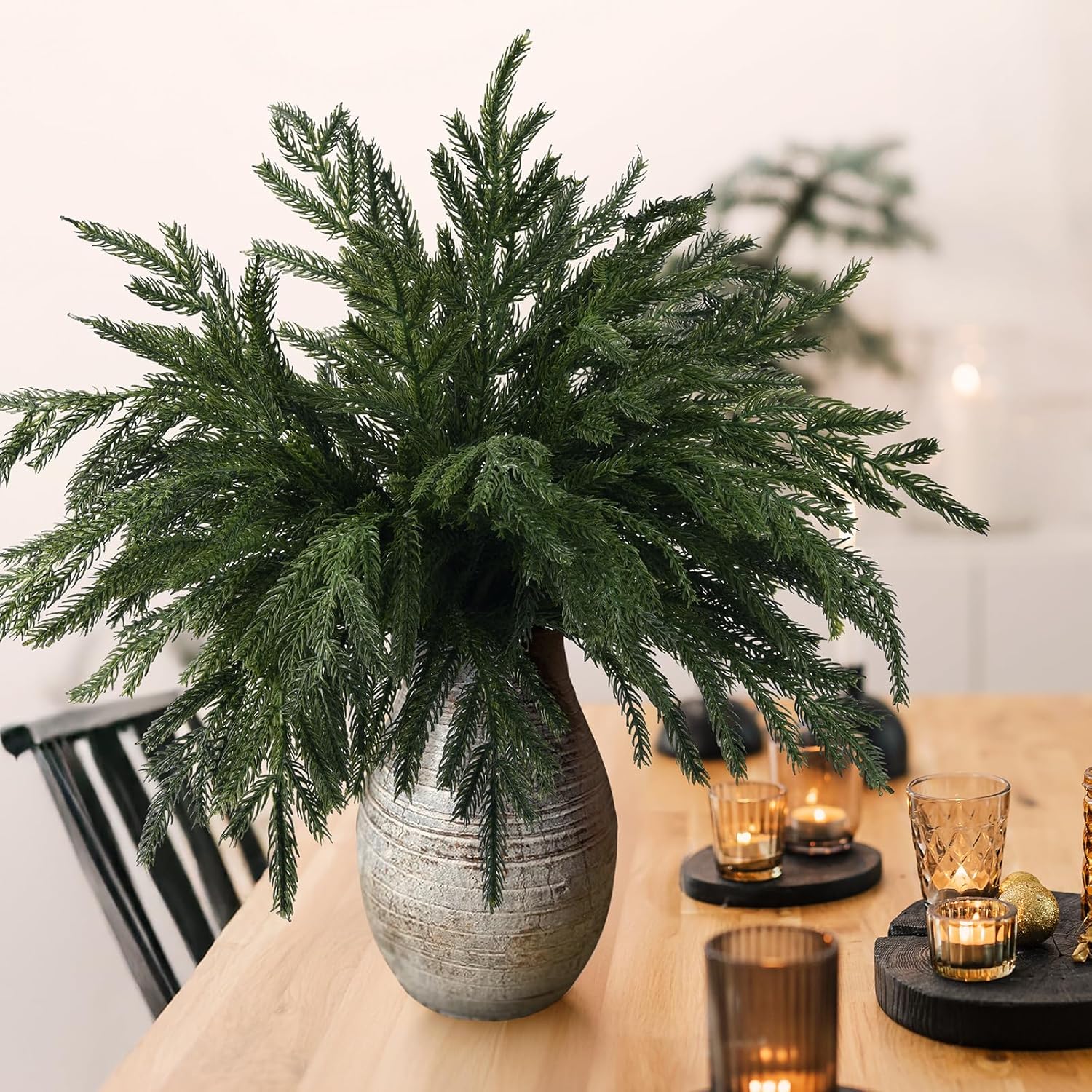 ZFProcess 10PCS Christmas Norfolk Pine Stems, Real Touch 15 Inch Artificial Norfolk Pine Branches, Fake Greenery Pine Picks for Vase DIY Holiday Winter Table Indoor Decor(Green)
