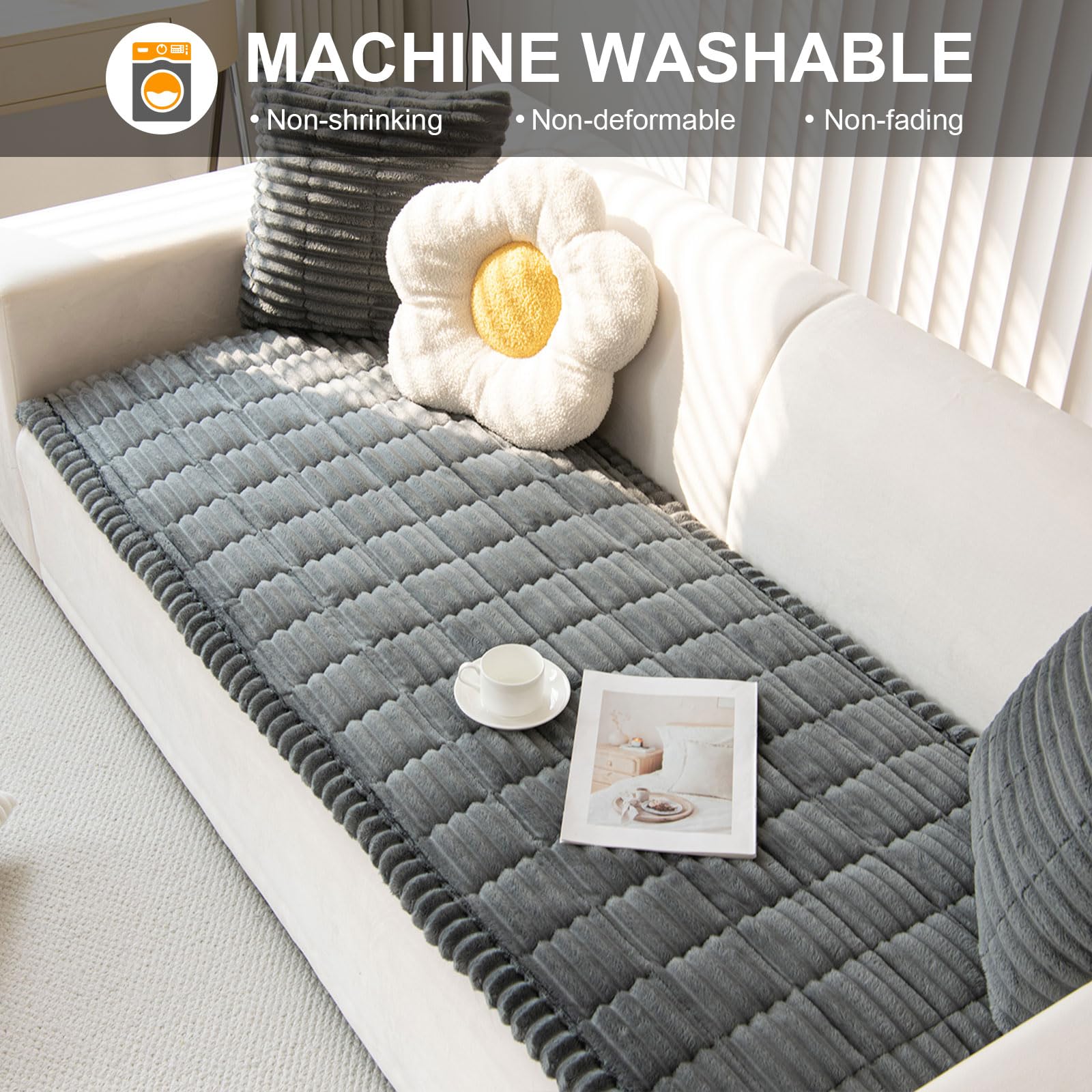 ShowyLive Sofa Covers 1 2 3 4 Seater Non Slip Sofa Slipcovers Super Soft & Thick Corduroy Sofa Cushion Covers Sofa Protectors from Pets/Kids/Dogs(Dark Grey, 28 * 59 inch/70 * 150CM) — view 5