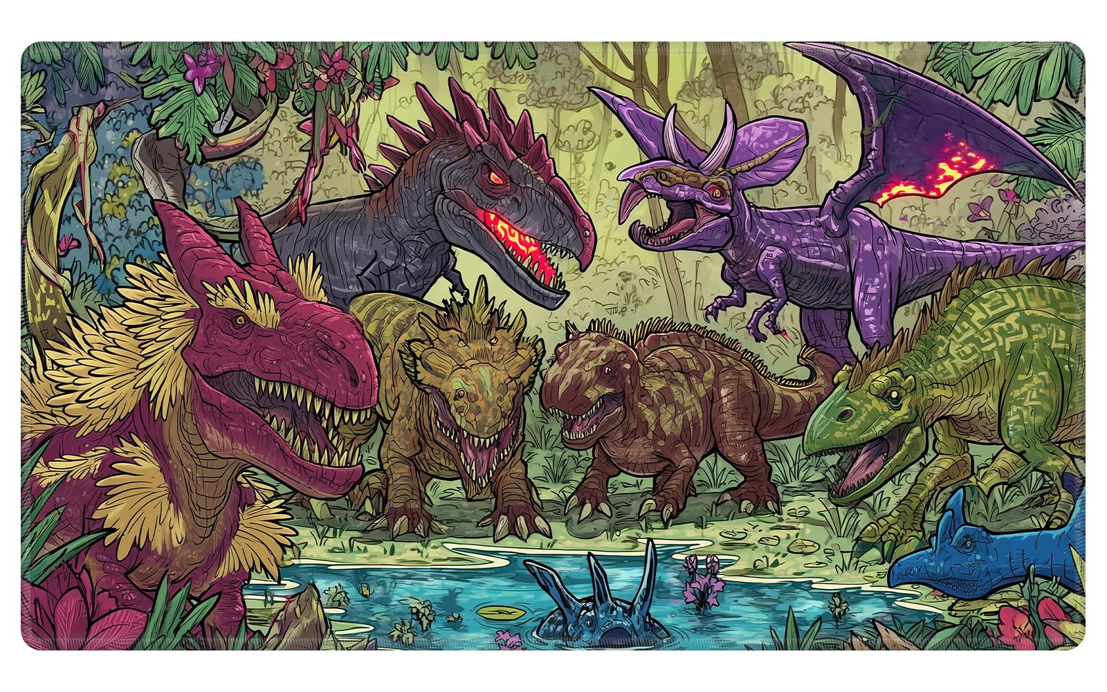 EDGFRTOIO Card Playmat 24" x 14" TCG Game Mat for MTG and Other Card Games, Premium Stitched Card Gameplay Mat with Non-Slip Rubber Backing Board Games Desk Duel Mats, Fantasy Dinosaur Swamp