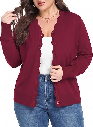 TIANZHU Womens Plus Size Long Sleeve Ribbed Wave Edges Cardigan Sweaters