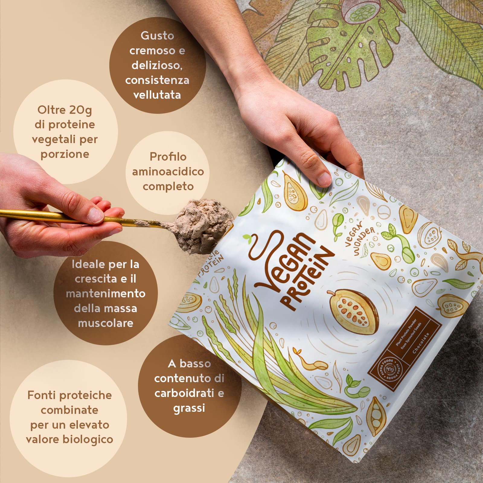 Proteine in Polvere Vegane | Gusto Cioccolato | 21g Proteine Vegetali Isolate di Pisello, Riso, Girasole e Soia | Massa Muscolare | 1.2kg Vegan Protein Powder | Alpha Foods
