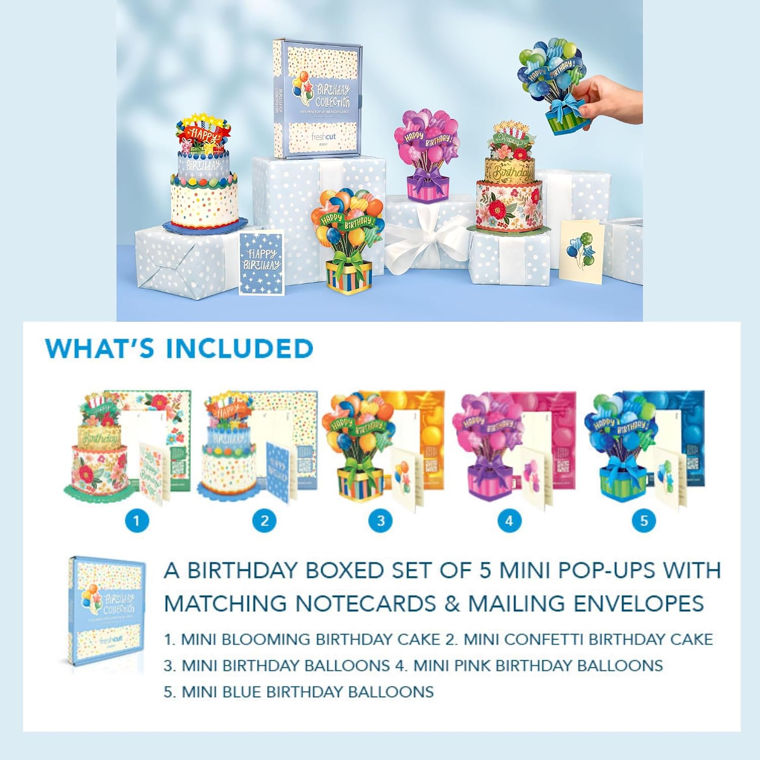 Freshcut Paper Pop Up Cards, Birthday Collection (Set of 5), Mini 6 Inch 3D Popup Greeting Card, Cards for Birthdays, Happy Birthday Card, Blank Notecard & Envelope