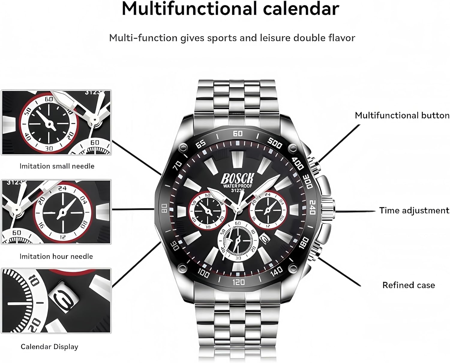 BOSCK Quartz Mens Watch,42mm (1.65 inches) Easy Read Day Stainless Steel Business Watch for Men,30M Waterproof Sports Mens Wrist Watches - Image 4