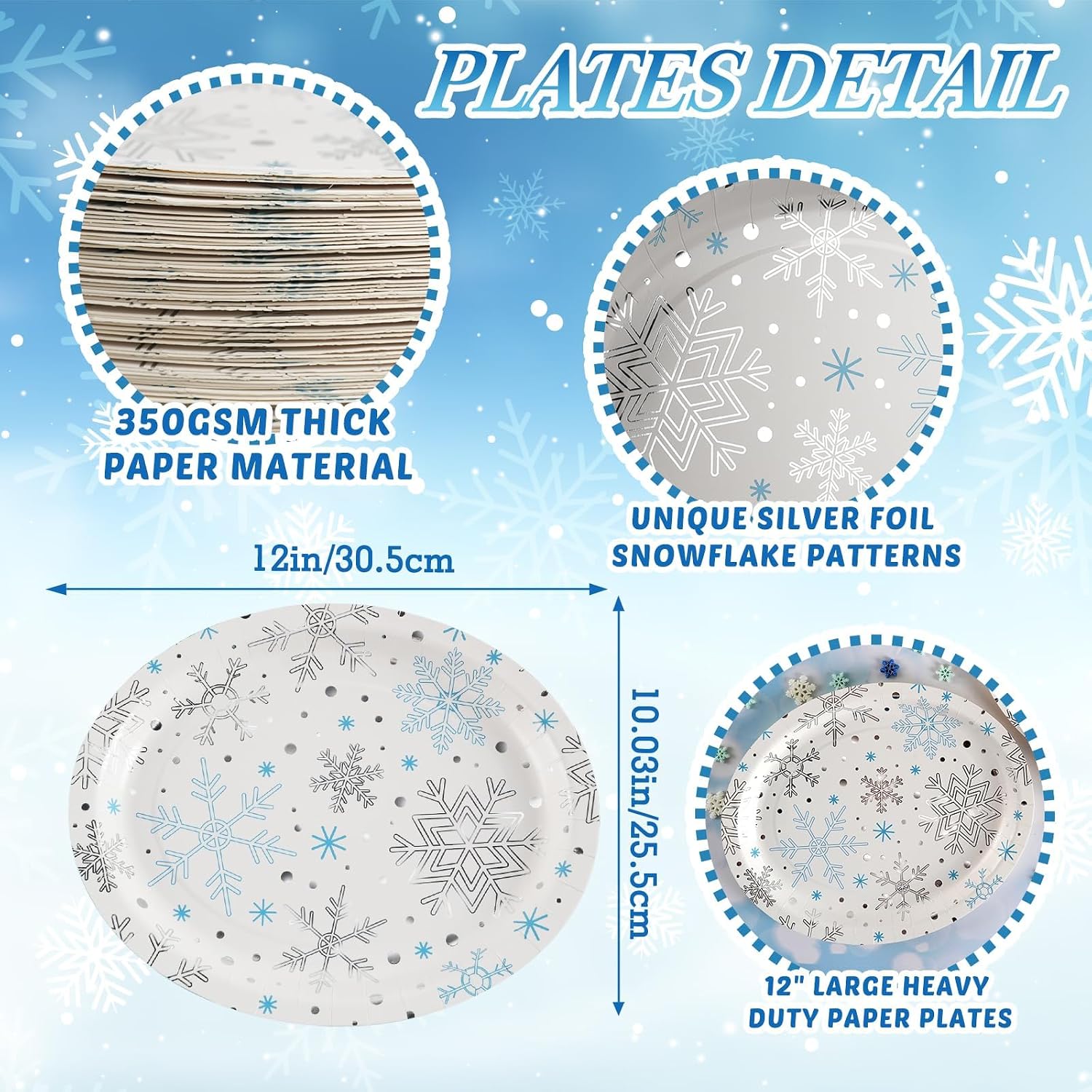 100Pcs Large Christmas Oval Paper Plates, 12"x10" Blue Silver Snowflake Dinner Plates Heavy Duty Disposable Dinnerware Set for Xmas Winter Wonderland Holiday Party Supplies Kitchen Table Decor