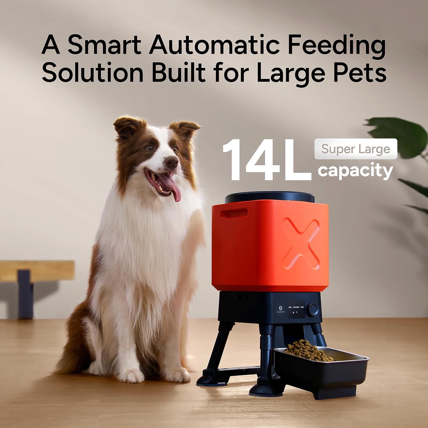 14l automatic dog feeder for large breed – extra large capacity, anti-blockage, timed auto dog food dispenser, dual power supply, stainless steel bowl red with basic