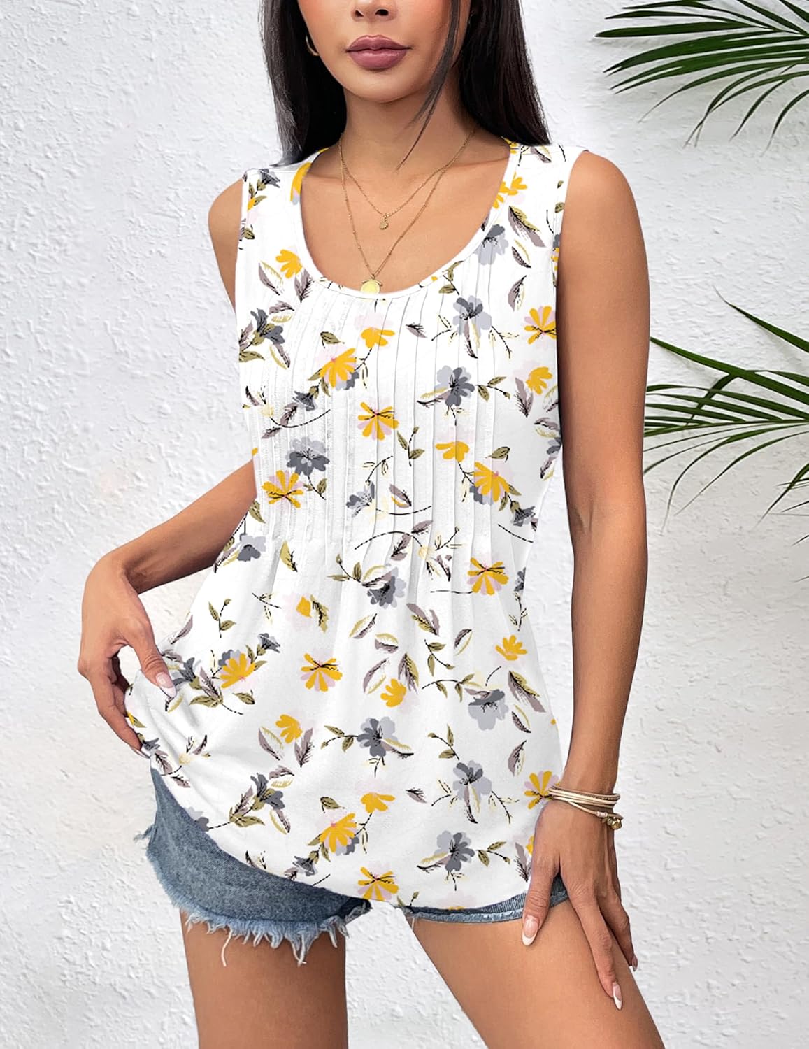 Zeagoo Women's Summer Tank Tops 2026 Pleated Crew Neck Floral Solid Loose Fit Casual Sleeveless Flowy Boho Tunic Shirts - Image 2