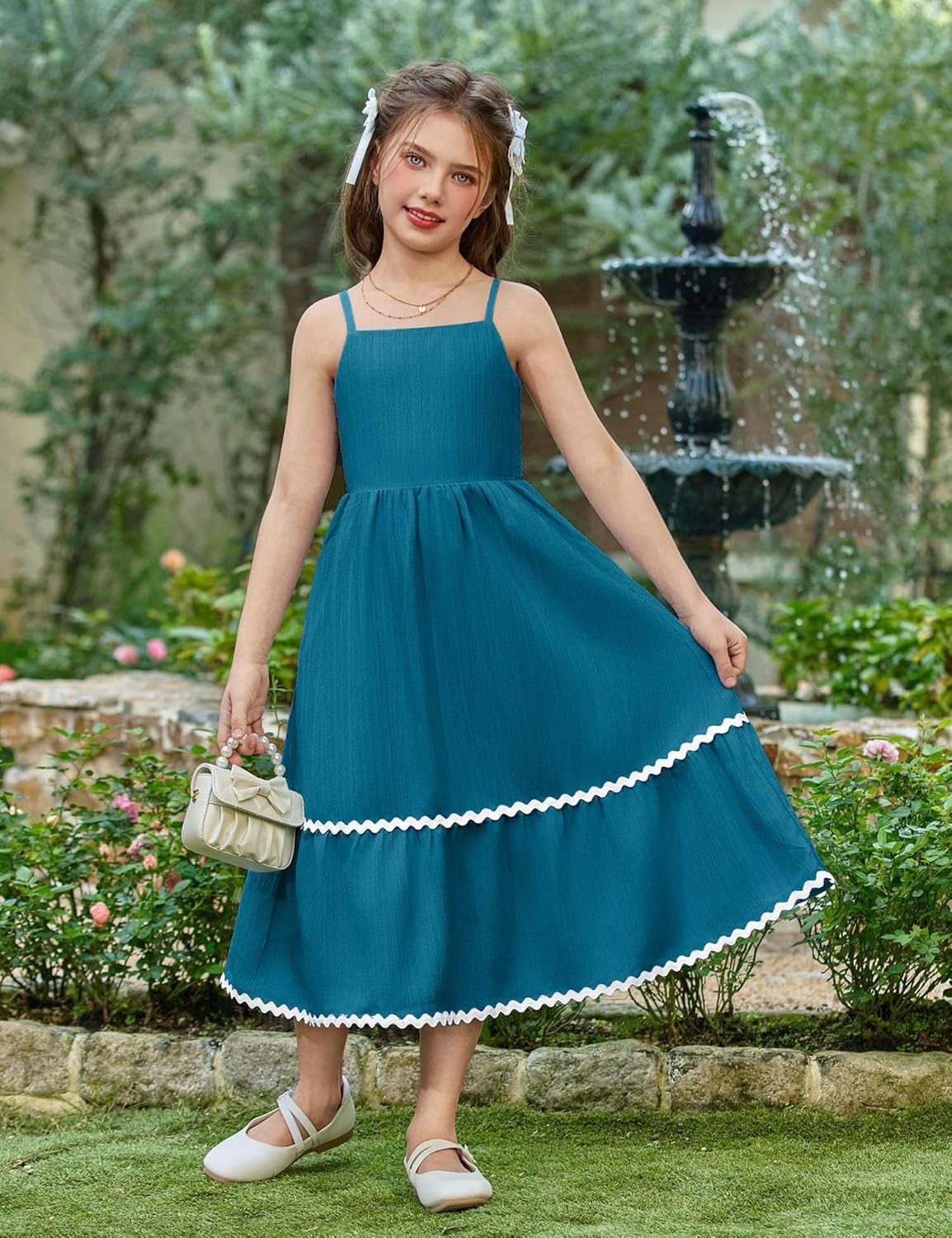 Arshiner Girls Summer Spaghetti Strap Dresses Flowy Tiered Cami Maxi Sundress with Pockets - Image 2
