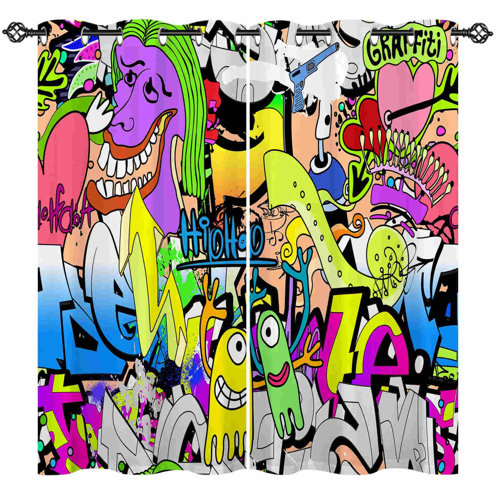 ANHOPE Graffiti Curtains Eyelet Soft Thermal Insulated Blackout Curtains Abstract Urban Art Doodle Print Pattern Ring Top Window Drapes for Kids Boys Girls Bedroom Living Room 42 x 63 Inch 2 Panels โ image 1